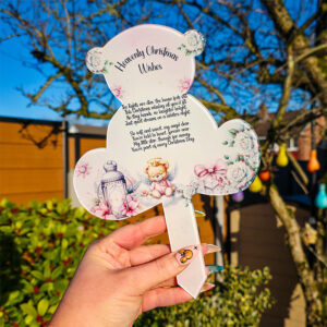 A personalised Christmas memorial grave stake or decoration for either a baby's grave or a child's grave. Featuring a heavenly Christmas poem or your own text.