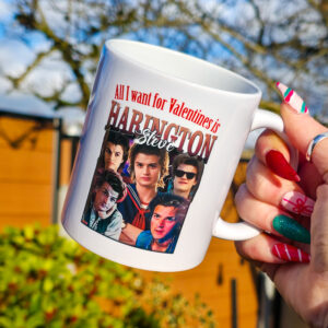 A personalised mug for Valentines Day featuring images of Steve Harrington from Stranger Things.