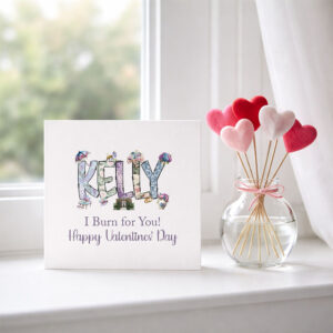 A beautiful, personalised Bridgerton name card for Valentine's Day, Mother's Day and any age Birthdays. Featuring doodle style letters with a vintage regency them in lilacs and soft pinks.